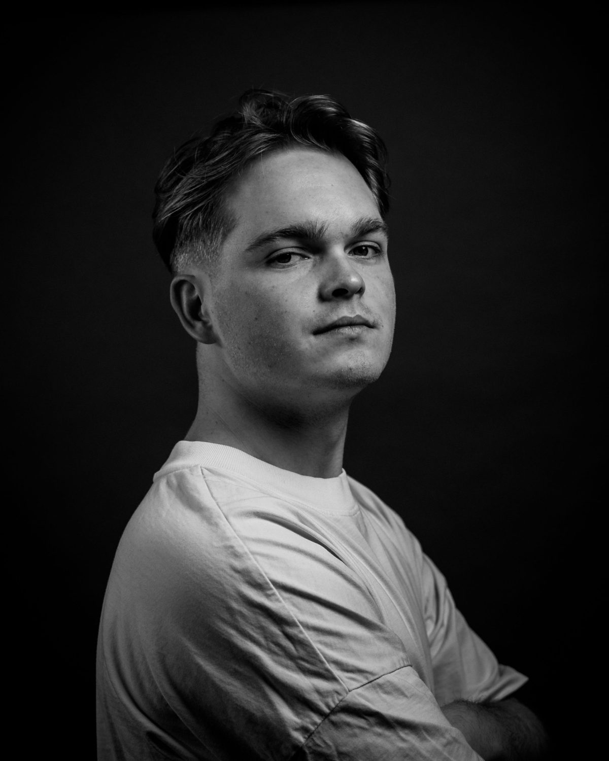 Mike Tunes, black-and-white portrait